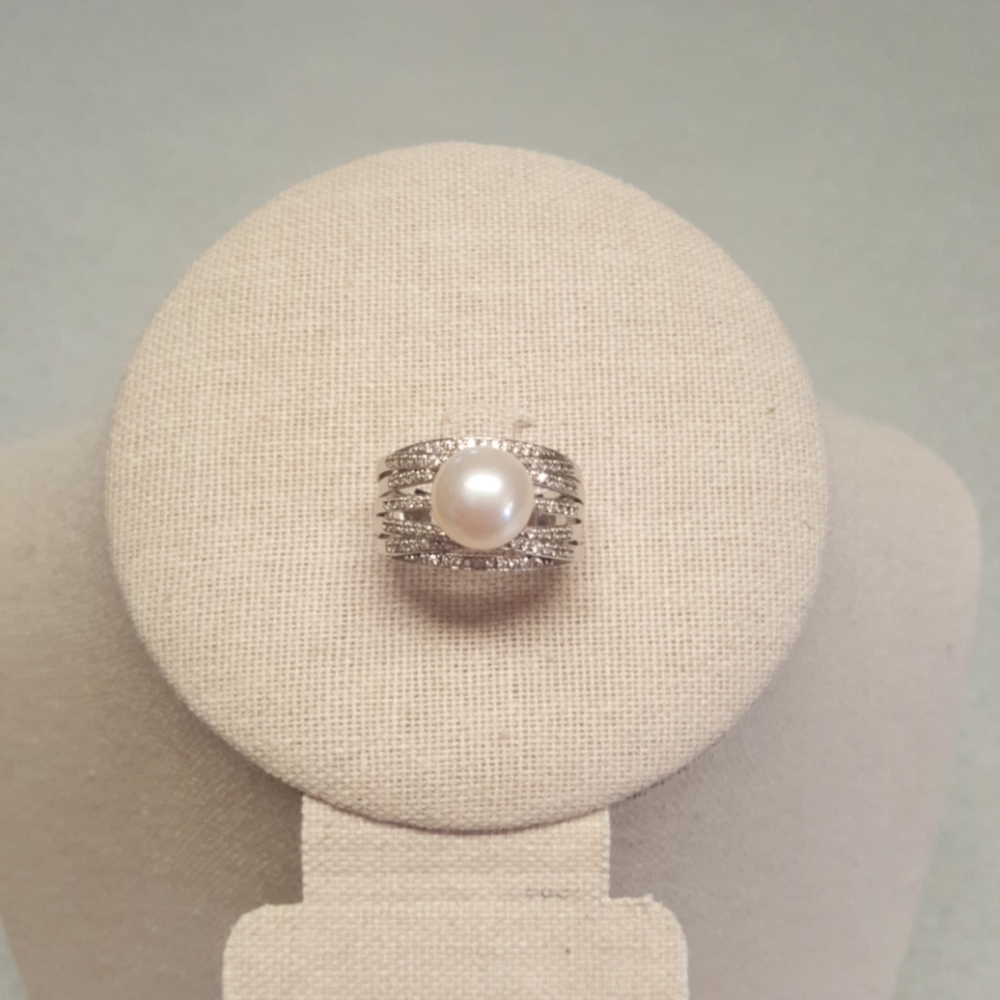 Freshwater Pearl & White Zircon Sterling Ring